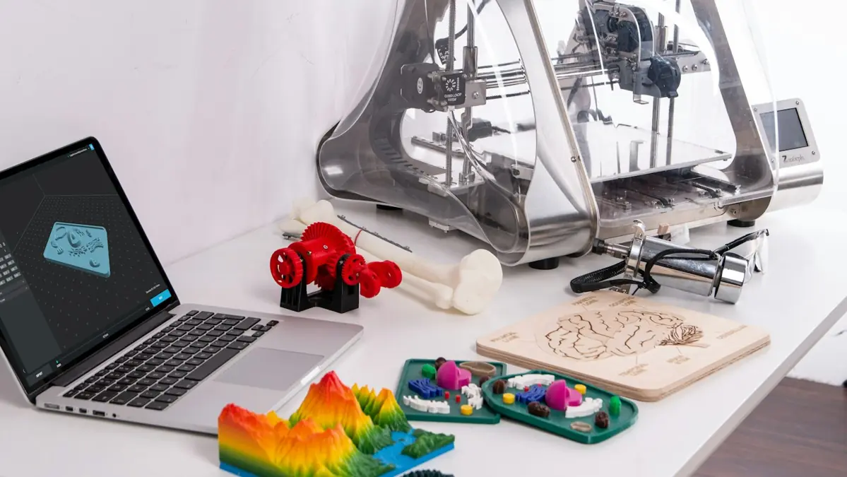 Notebook com modelo 3D aberto ao lado de uma impressora 3D e peças impressas coloridas