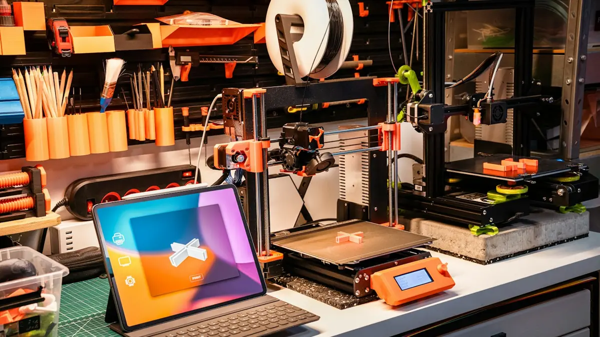 Bancada de maker com tablet, impressoras 3D e ferramentas organizadas