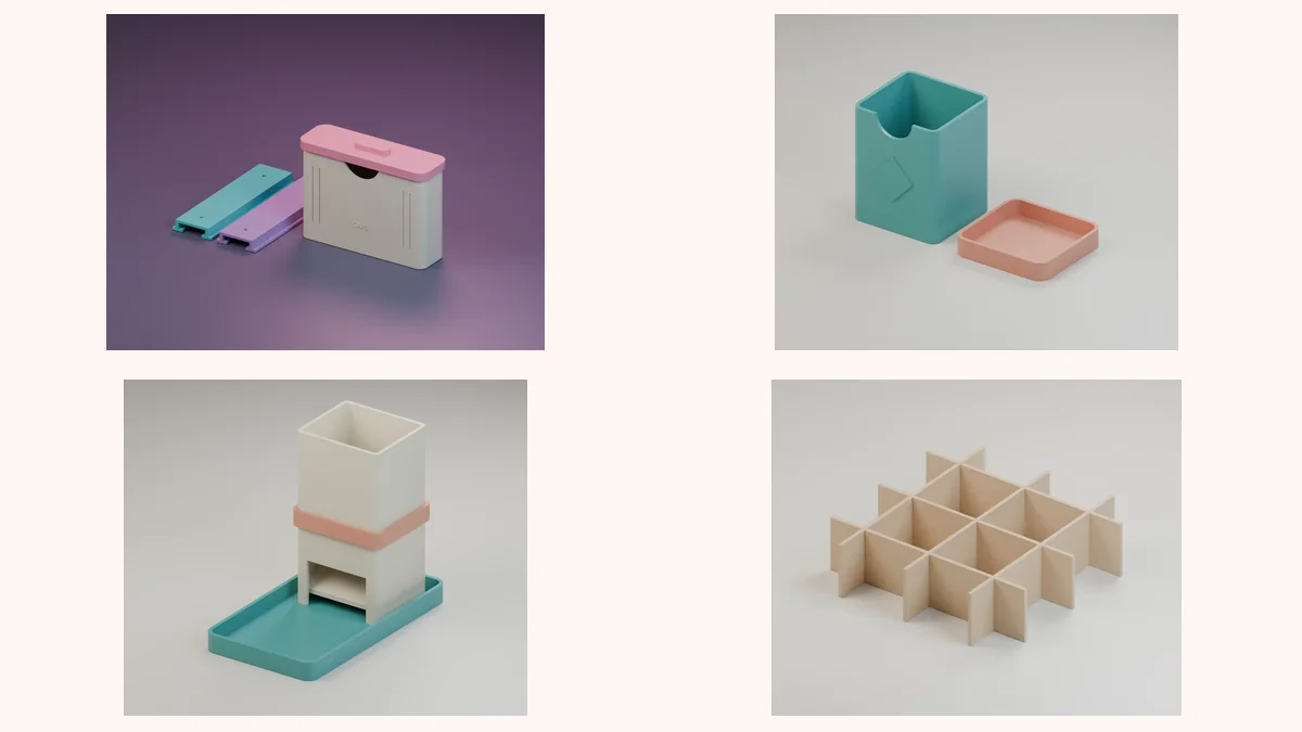 Quatro peças impressas em 3D: organizador de café, deck box, torre de dados e divisórias de gaveta