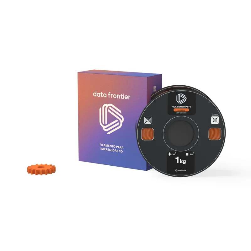 Filamento PETG laranja Data Frontier com peça impressa