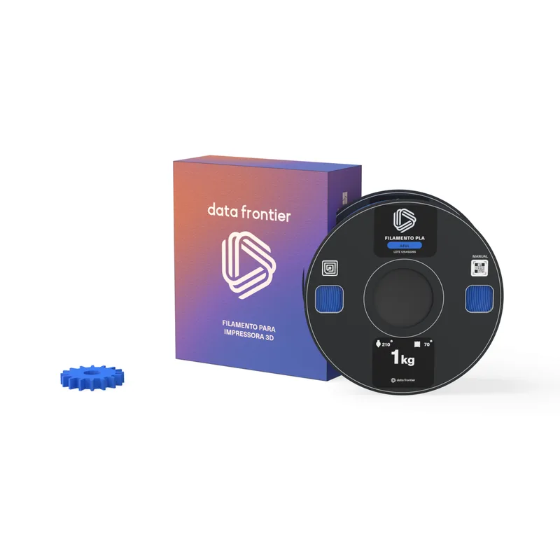 Filamento PLA azul Data Frontier, carretel de 1 kg com peça impressa